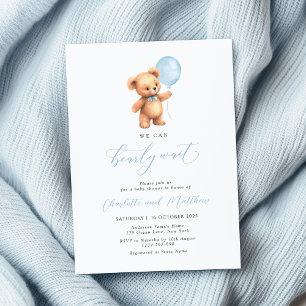 Invitation On peut attendre le Baby shower Bleu Balloon Boy