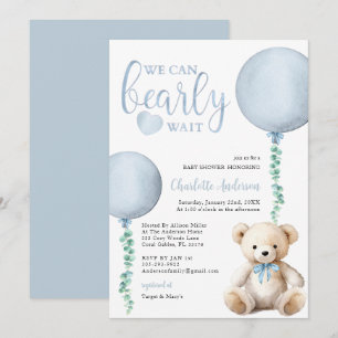 Invitation On peut attendre le Baby shower bleu Eucalyptus