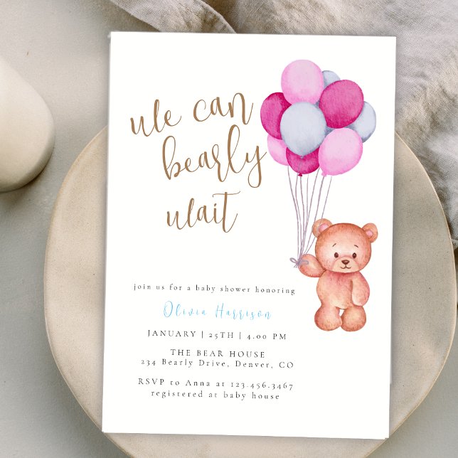 Invitation On peut attendre le Baby shower bleu rose (We Can Bearly Wait Pink Blue Balloon Baby Shower Invitation)