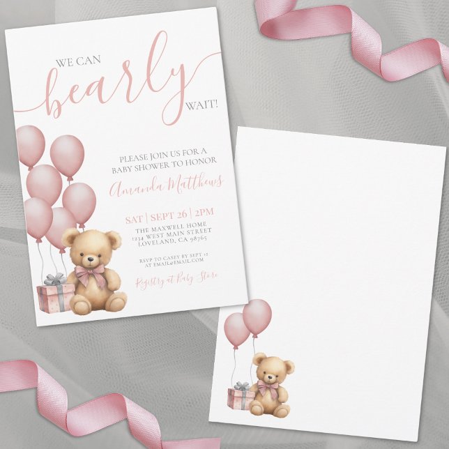 Invitation On peut attendre le Baby shower de fille rose (Teddy Bear We Can Bearly Wait Baby Shower Invitation)