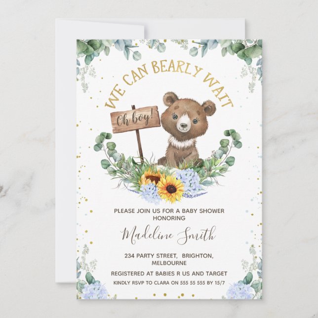 Invitation On peut attendre le Baby shower de l'ours bébé (Devant)