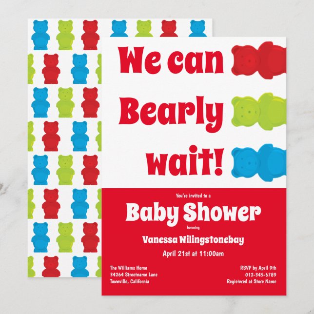Invitation On Peut Attendre Le Baby shower De L'Ours Rouge Gu (Devant / Derrière)