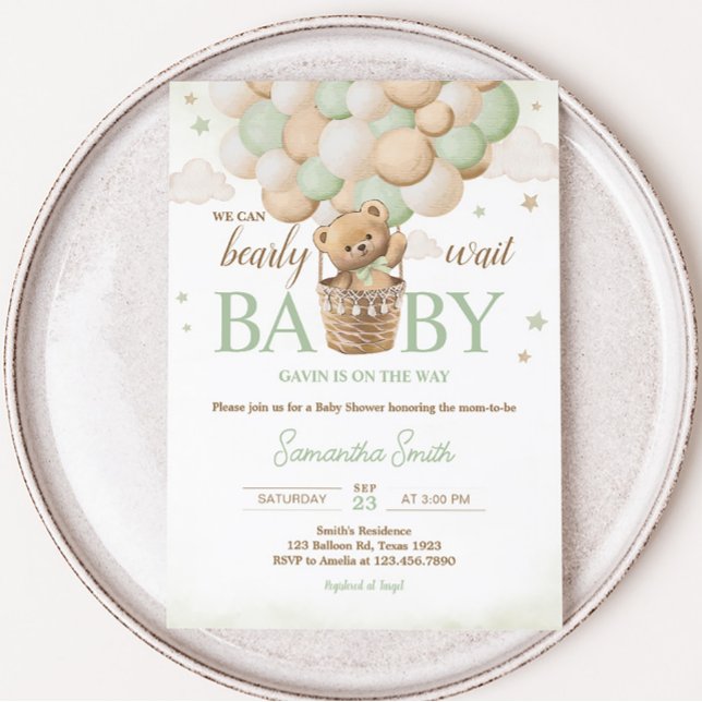 Invitation On peut attendre le Baby shower de l'ours vert (Boho Green Teddy Bear Baby Shower Invitation)