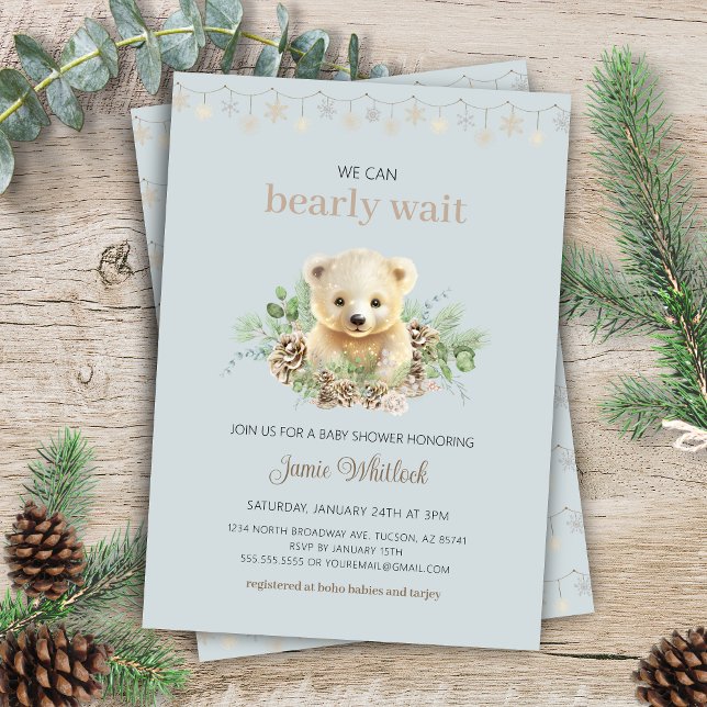 Invitation On peut attendre le Baby shower d'hiver Blue Boy (blue bohemian we can bearly wait elegant winter baby shower invitation with polar bear twinkle light)