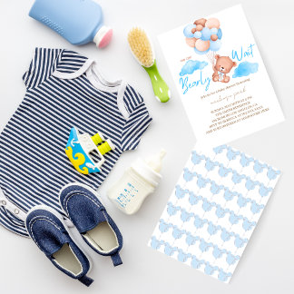 Invitation On peut attendre le Baby shower d'ours bleu