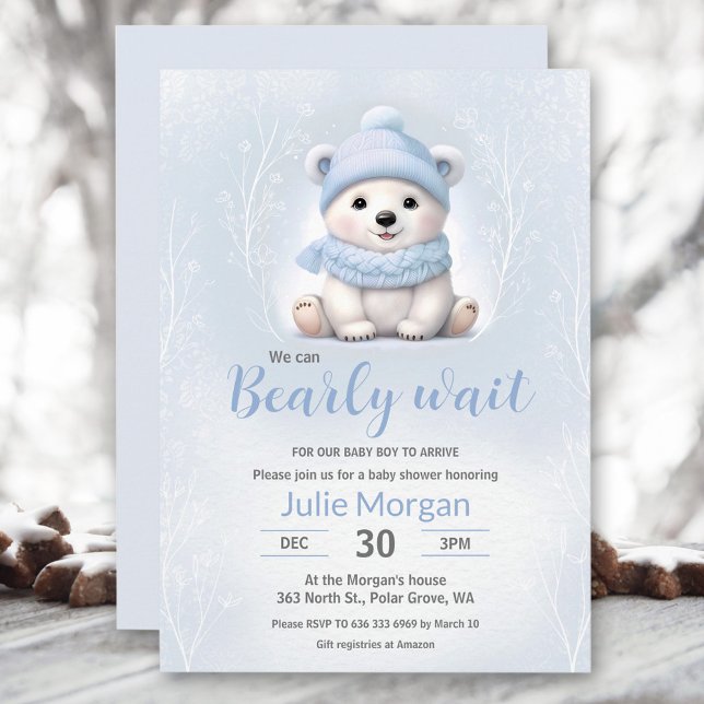 Invitation On peut attendre le Baby shower d'ours bleu polair (We Can Bearly Wait Blue Polar Bear Baby Shower Invitation)