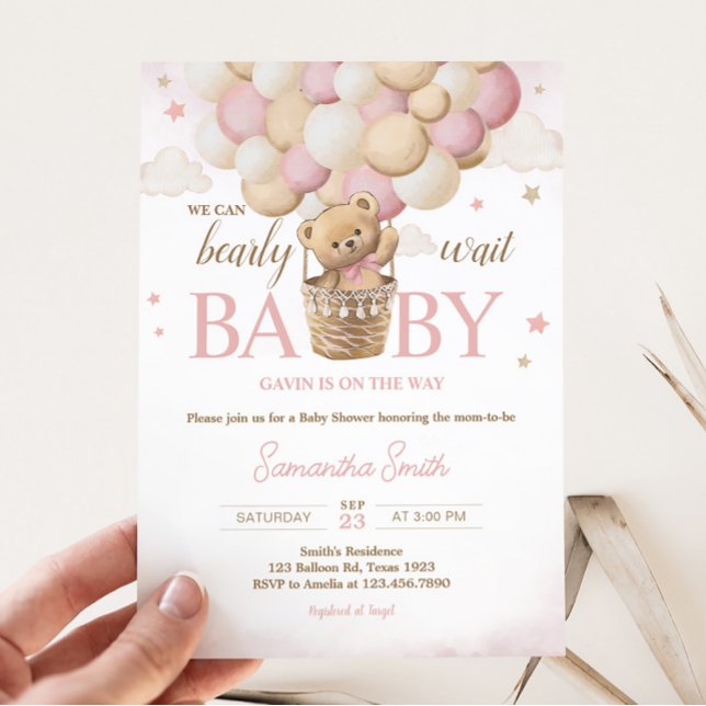 Invitation On peut attendre le Baby shower d'ours rose (Girl Teddy Bear Balloon Baby Shower Invitation)