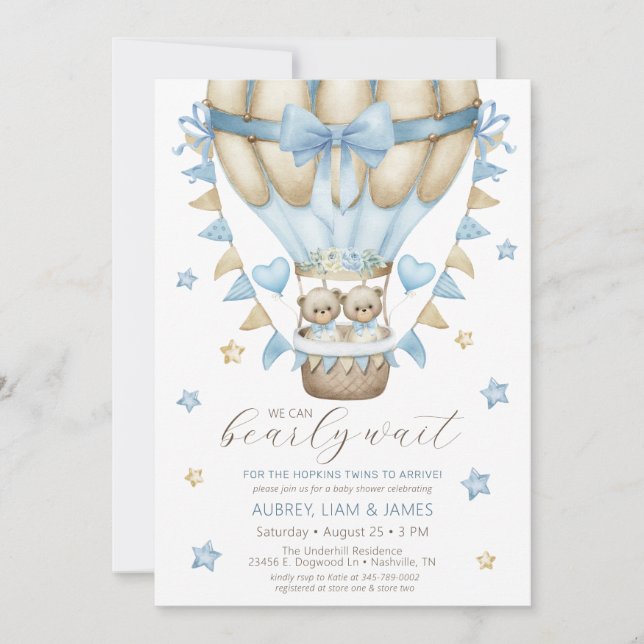 Invitation On peut attendre le Baby shower jumeau garçon (Devant)