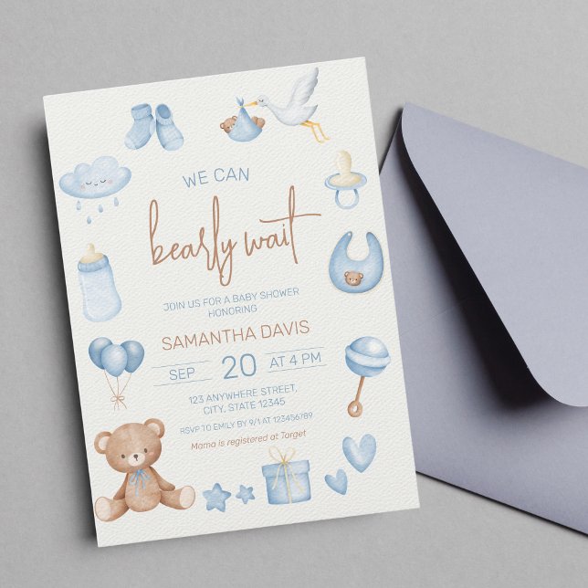 Invitation On peut attendre léger Baby shower de garçon bleu  (we can bearly wait)