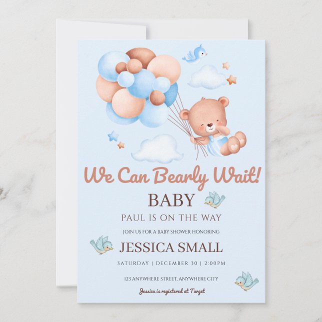 Invitation On peut attendre l'invitation Baby shower bleu (Devant)