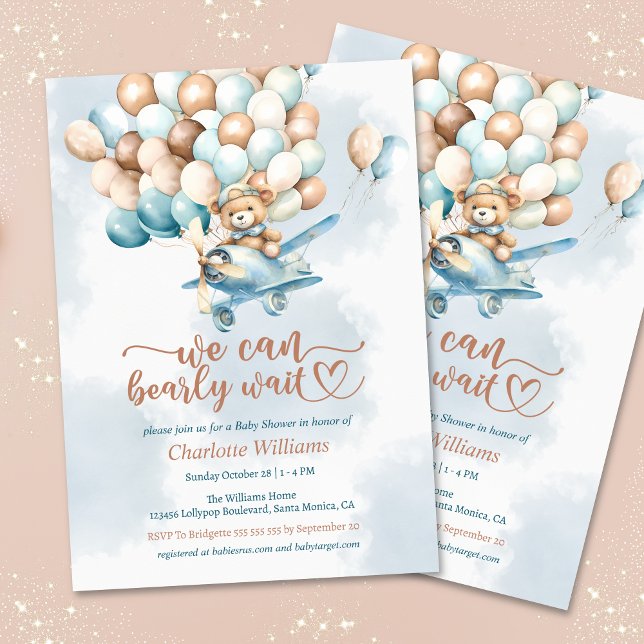 Invitation On peut attendre l'invitation Baby shower garçon (We can bearly wait baby shower invitation, teddy bear, blue balloons)