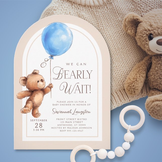 Invitation On peut attendre l'invitation Baby shower garçon (Shown on a 5" x 7" card with Arch Corner Style)