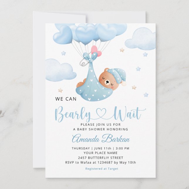 Invitation On Peut Attendre L'Ours Ballons Baby shower garçon (Devant)