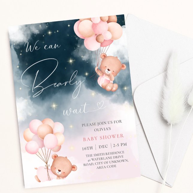 Invitation On Peut Attendre L'Ours Ballons Fille Baby shower (Créateur téléchargé)