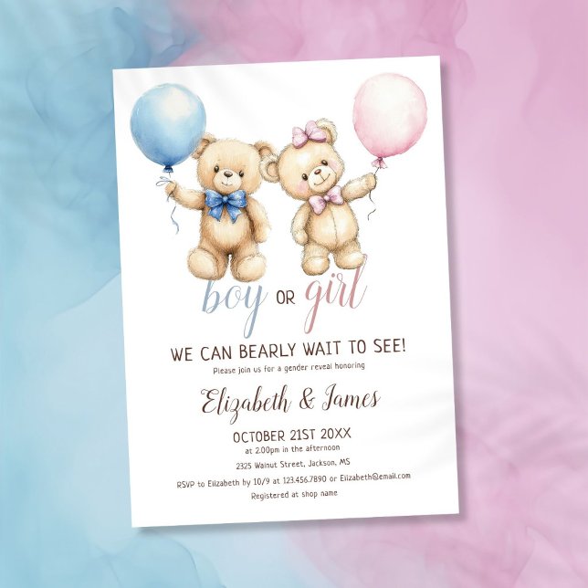 Invitation On peut attendre l'ours Balloon Révéler le genre (We Can Bearly Wait Bear Balloon Gender Reveal Invitation)