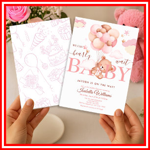Invitation On Peut Attendre L'Ours Cub Baby shower Fille Rose
