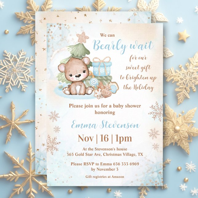 Invitation On peut attendre Noël Ours Bleu Baby shower (We Can Bearly Wait Christmas Bear Blue Baby Shower Invitation)