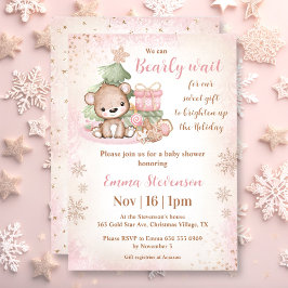 Invitation On peut attendre Noël Ours rose Baby shower