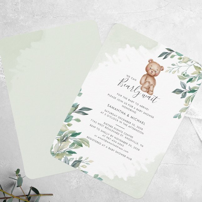 Invitation On peut attendre prématurément Eucalyptus Baby sho (We Can Bearly Wait Bear Eucalyptus Script Baby Shower Invitation)