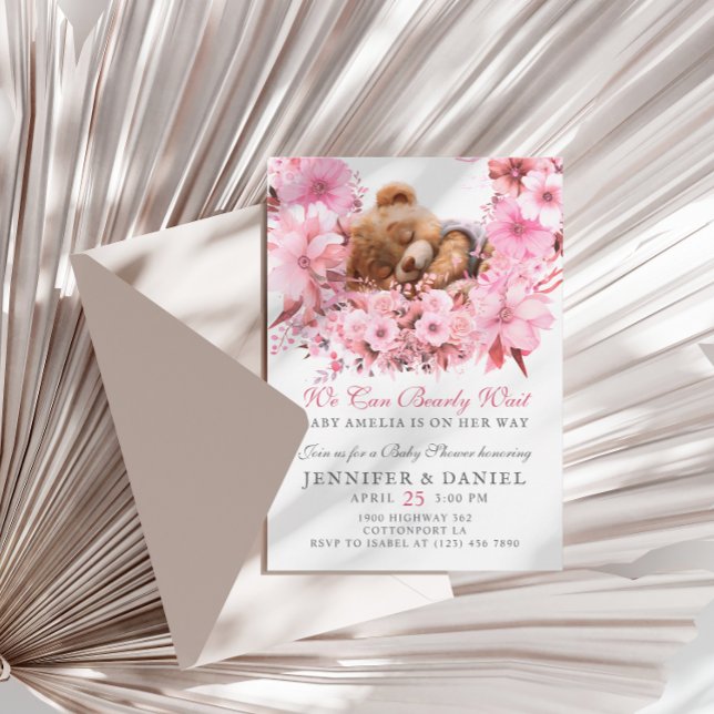 Invitation On Peut Attendre Presque Le Baby shower Floral Ros (Créateur téléchargé)
