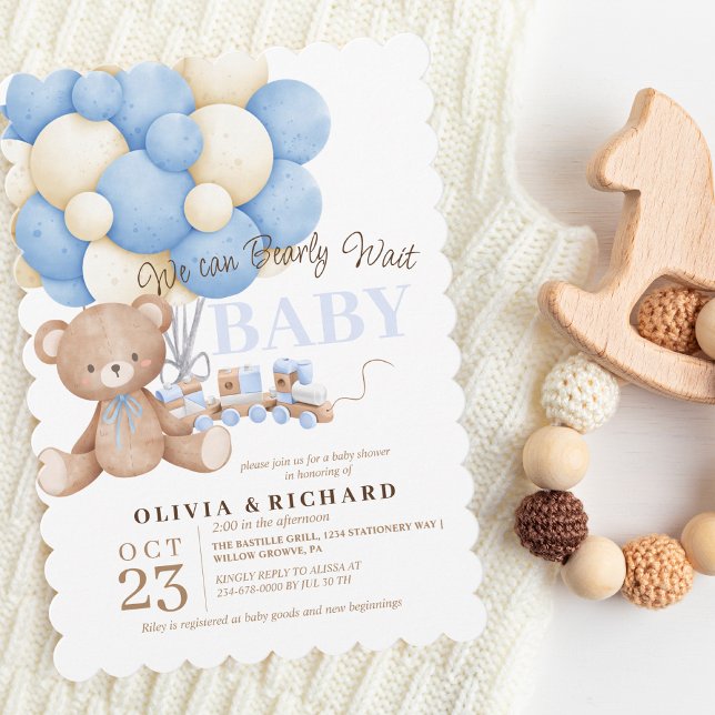Invitation On peut attendre Teddy Baby shower Thèmes de garço (Créateur téléchargé)
