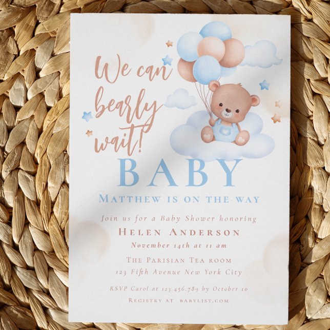 Invitation On peut attendre Teddy Bear Baby shower (We can Bearly Wait Teddy Bear Boy Baby Shower Invitation)