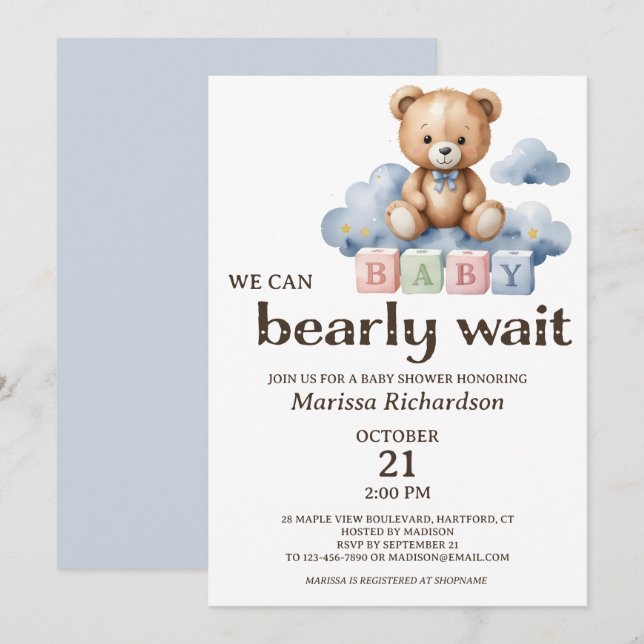 Invitation On Peut Attendre Teddy Bear Baby shower (Devant / Derrière)