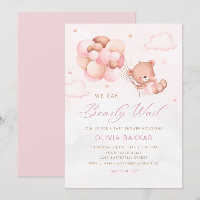 Invitation On peut attendre Teddy Bear Baby shower fille (Devant / Derrière)