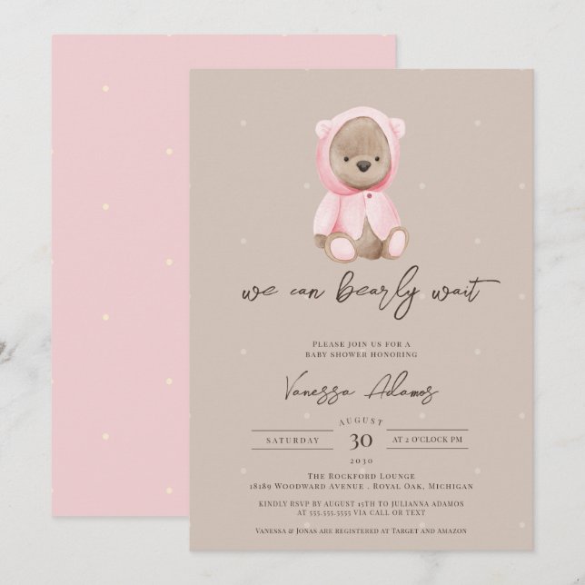 Invitation On peut attendre Teddy Bear Baby shower fille (Devant / Derrière)