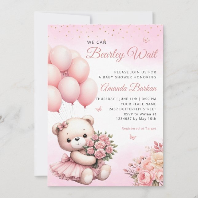 Invitation On peut attendre Teddy Bear Baby shower fille (Devant)