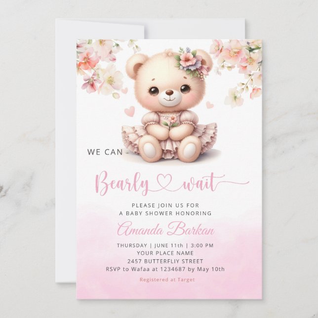 Invitation On peut attendre Teddy Bear Baby shower fille (Devant)