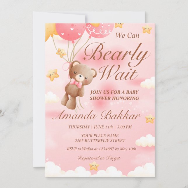 Invitation On peut attendre Teddy Bear Baby shower fille (Devant)