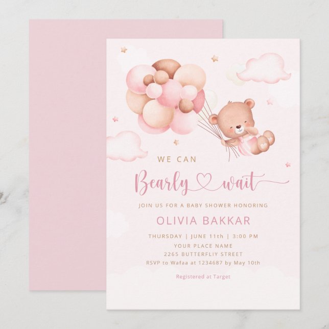 Invitation On peut attendre Teddy Bear Baby shower fille (Devant / Derrière)
