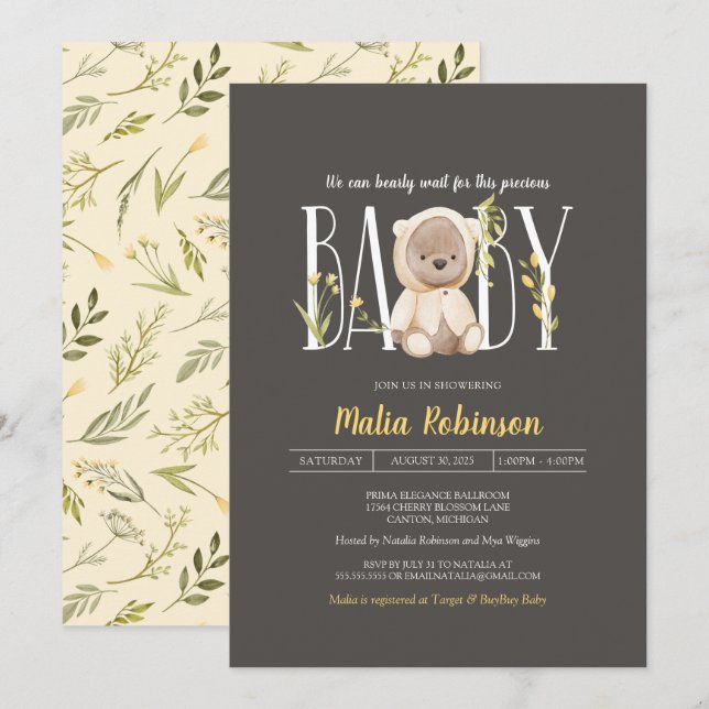 Invitation On Peut Attendre ! Teddy Bear Baby shower Invita (Devant / Derrière)