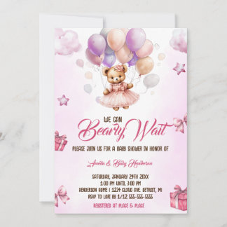 Invitation On peut attendre Teddy Bear Baby shower rose