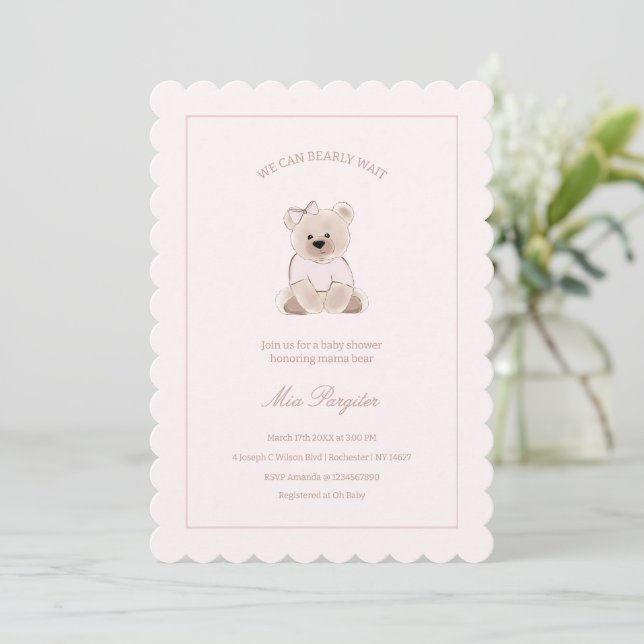 Invitation On Peut Attendre Teddy Bear Baby shower rose (Debout devant)