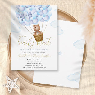 Invitation On Peut Attendre Teddy Bear Blue Boy Baby shower