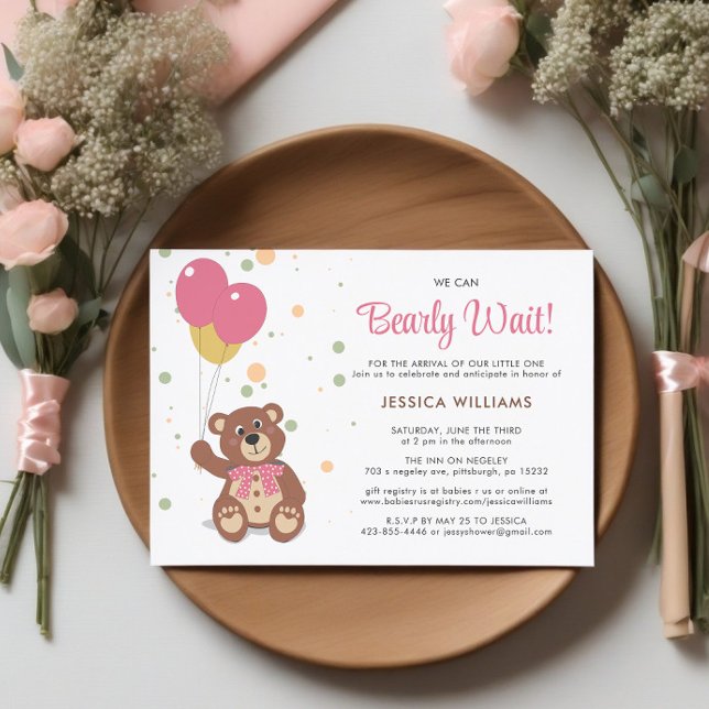 Invitation On Peut Attendre Teddy Bear Cub Girl Baby shower (Baby Shower Invite in Pink)