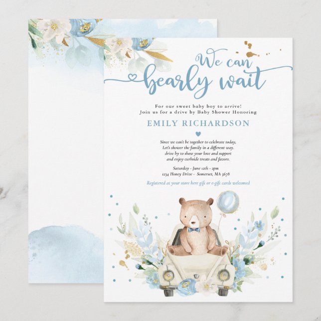 Invitation On Peut Attendre Teddy Bear Drive Par Baby shower (Devant / Derrière)