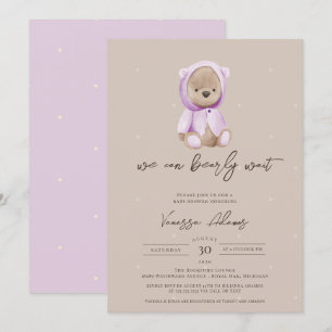 Invitation On Peut Attendre Teddy Bear Purple Baby shower