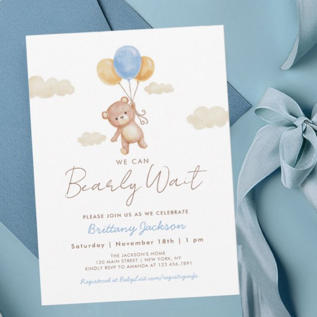 Invitation On peut attendre tôt Teddy Bear Baby shower Bleu (Créateur téléchargé)