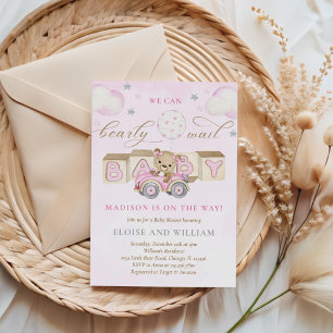 Invitation On peut attendre tôt Teddy Bear Baby shower rose