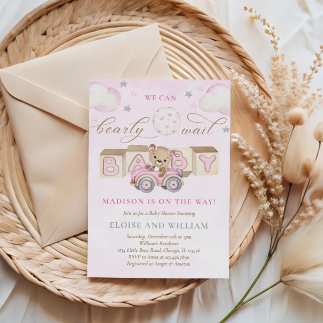 Invitation On peut attendre tôt Teddy Bear Baby shower rose (Créateur téléchargé)