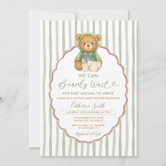 Invitation On peut Bearly attendre ours baby shower rayures v (Devant)