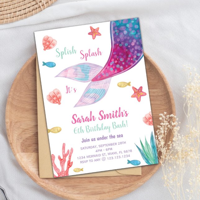 Invitation Onde de sirène rose foncé personnalisable (Dark Pink Mermaid Tail Birthday Invitation)