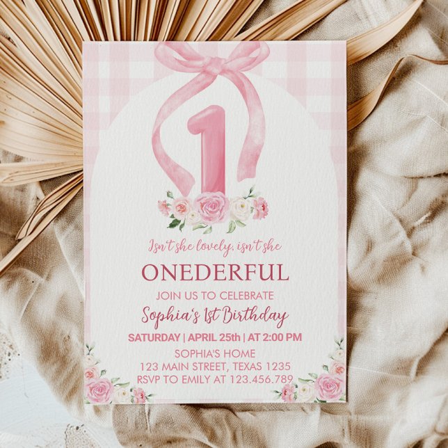 Invitation Onderday Pink Bow Coquette 1er Anniversaire Invita (Créateur téléchargé)