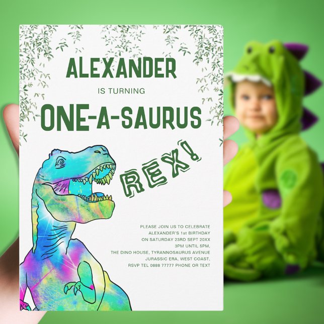 Invitation One-A-Saurus Dinosaur 1er anniversaire (One-a-saurus Rex dinosaur 1st birthday party green invitation colorful T-Rex dino Jurassic jungle)