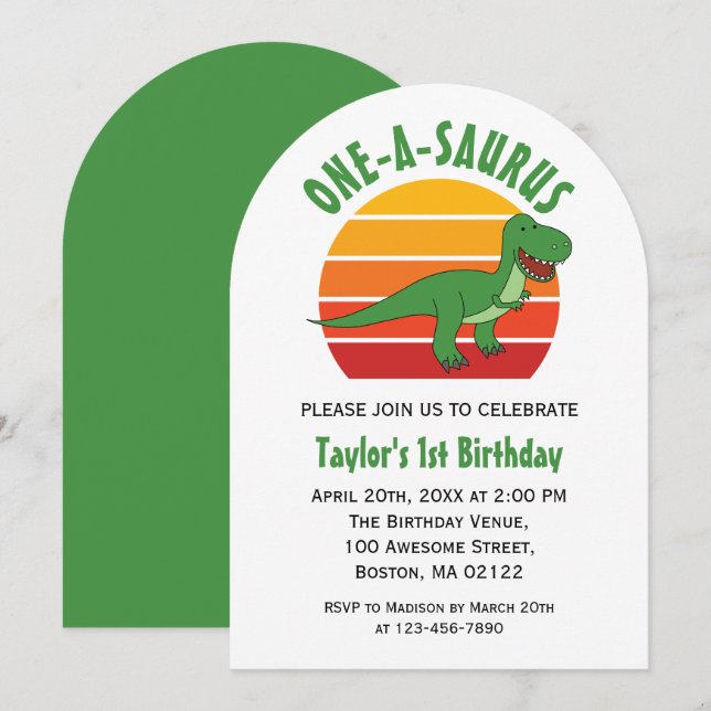 Invitation One-A-Saurus Dinosaur Genre Neutre 1er Anniversair (Devant / Derrière)