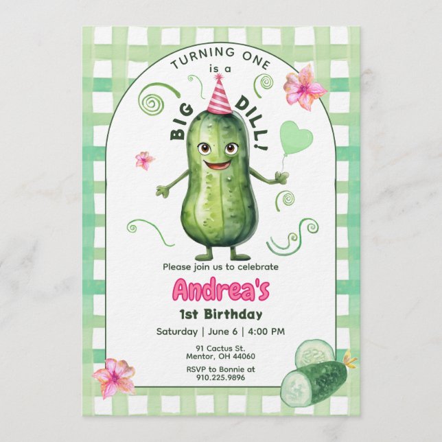 Invitation One Big Dill Pickle First Birthday Pink (Devant)