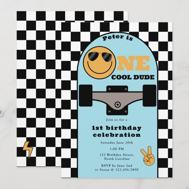 Invitation One Cool Dude Invite 1st First Birthday Skateboard (Devant / Derrière)